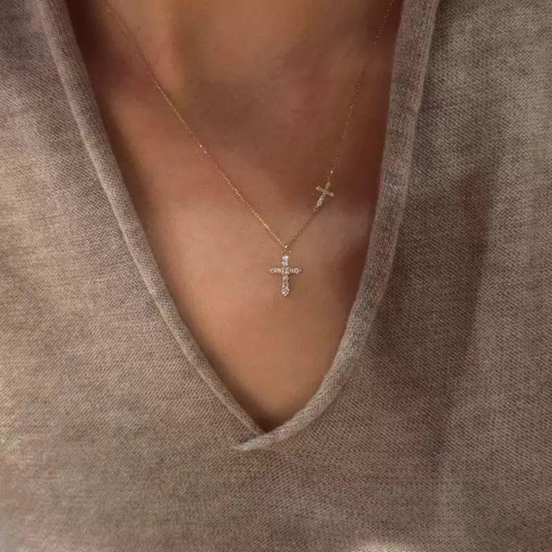18K Gold Plated Double Cross Necklace – Waterproof Stainless Steel ...