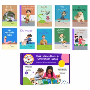 May include: A collection of ten educational children's books with colorful covers and titles in Spanish, presented in a purple box labeled 'Desarrollando Fluidez & Comprensión Lectora' featuring an illustration of two children reading together.