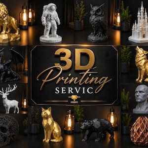 Könnte beinhalten: Eine Sammlung von 3D-gedruckten Skulpturen, darunter ein Löwe, ein Astronaut, eine Eule, ein Schloss, ein Drache, ein Wolf, ein Hirsch, ein Schädel, eine Katze, ein Bär und eine Büste. Die Skulpturen sind in verschiedenen Farben und Stilen gehalten, mit dem Schriftzug "3D Printing Service" in Gold.