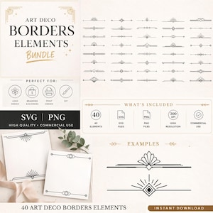 Peut inclure: Un ensemble numérique de 40 éléments de bordure Art Déco avec des lignes géométriques et des motifs en éventail. Le lot inclut des fichiers SVG et PNG haute résolution. Le texte indique Art Deco Borders Elements Bundle et What's Included.