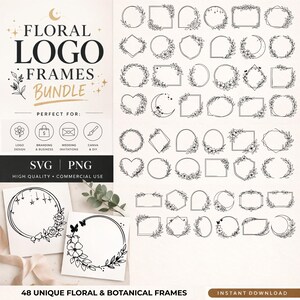 Floral Logo Frames Bundle SVG, Botanical Frames Clipart, Wedding Logo Frames, Circle Floral Frame PNG, Branding Kit, Instant Download