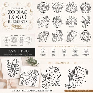 Puede incluir: Un paquete de gráficos digitales titulado Celestial Zodiac Logo Elements que presenta doce signos del zodiaco en arte lineal negro, incluyendo Aries, Tauro, Géminis, Cáncer, Leo, Virgo, Libra, Escorpio, Sagitario, Capricornio, Acuario y Piscis.