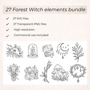 May include: A digital art bundle titled "27 Forest Witch elements bundle" with black and white illustrations. The image includes a skull, a plant in a glass dome, a book, a crescent moon, and other botanical and mystical elements. The text indicates the bundle includes SVG and PNG files.