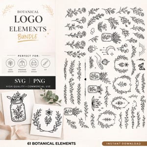 Botanical Clipart Bundle – 63 Floral Line Art PNG Transparent – Minimalist Leaves & Flowers – Branding Elements – Commercial use