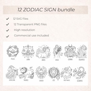 12 Zodiac Signs SVG Bundle, Mystic Astrology Line Art PNG, Celestial Clipart , Minimalist Zodiac , Digital Download