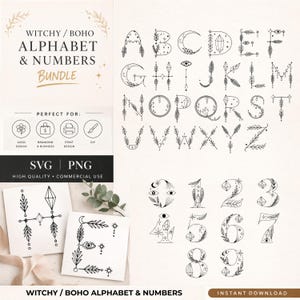 Peut inclure: Un ensemble graphique numérique comprenant un alphabet et des chiffres avec des motifs en ligne noire. Chaque caractère est orné d'éléments célestes, botaniques et de cristaux. Le texte inclut WITCHY / BOHO ALPHABET & NUMBERS BUNDLE, SVG, PNG et INSTANT DOWNLOAD.