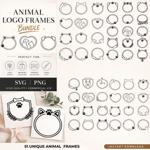 Peut inclure: Ensemble de 51 cadres de logos d'animaux uniques en formats SVG et PNG. Les motifs en noir et blanc comprennent des silhouettes de chats et de chiens, des empreintes de pattes et des formes d'os, parfaits pour la conception de logos, l'image de marque et les invitations.