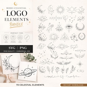 Boho Celestial Clipart Bundle – 77 Moon Sun Star Elements – Witchy Line Art PNG SVG – Minimalist Aesthetic – Commercial Use
