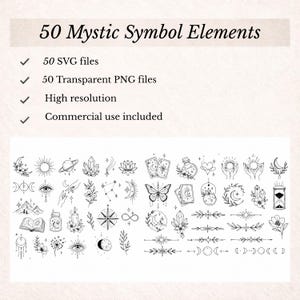 Peut inclure: Image présentant 50 éléments de symboles mystiques. L'image comprend des illustrations en noir et blanc de corps célestes, de cristaux, de fleurs et d'autres symboles mystiques. Le texte indique des fichiers SVG et PNG, haute résolution, et pour usage commercial.