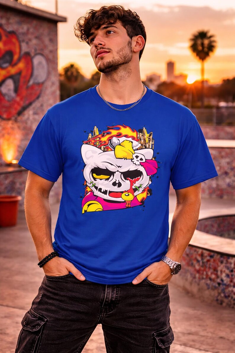 Skull Cat Shirt, Gothic Cat Graphic Tee, Punk Anime Streetwear Shirt, Alternative Cat Art Tee image 8