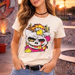Skull Cat Shirt, Gothic Cat Graphic Tee, Punk Anime Streetwear Shirt, Alternative Cat Art Tee image 4
