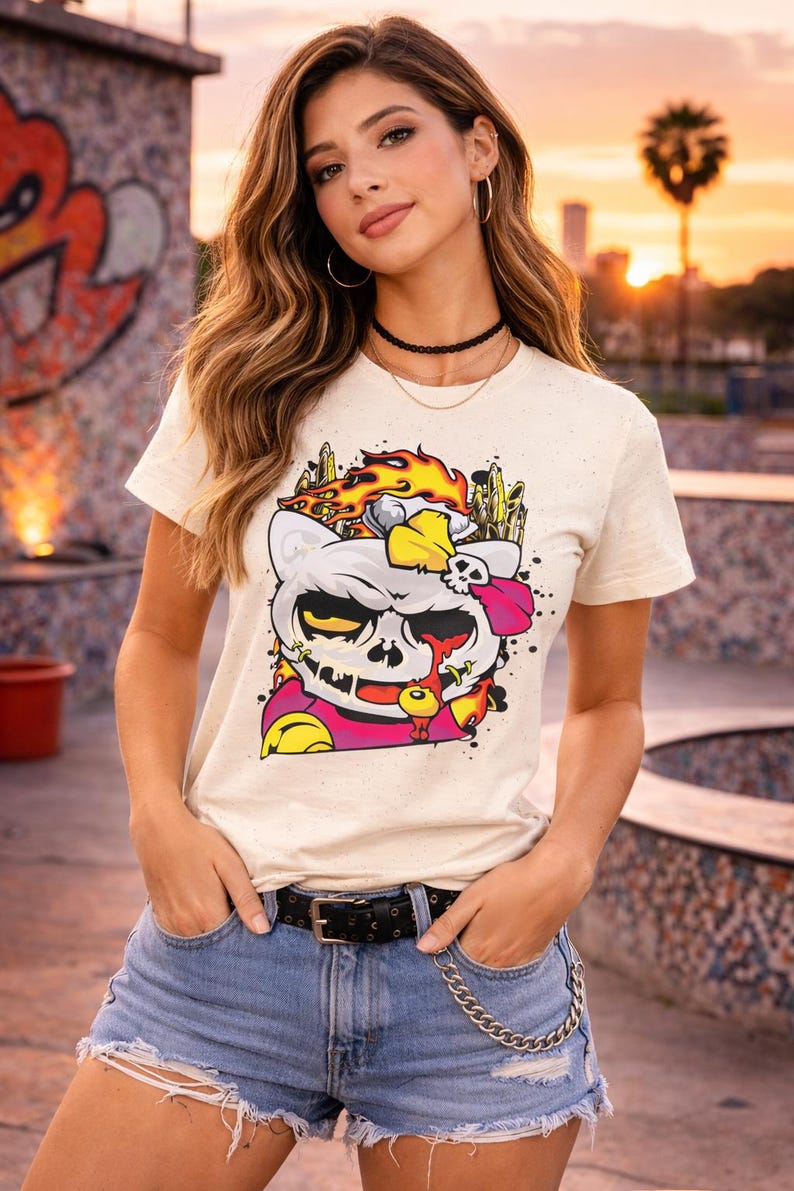 Skull Cat Shirt, Gothic Cat Graphic Tee, Punk Anime Streetwear Shirt, Alternative Cat Art Tee image 4