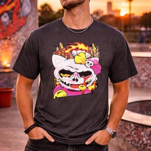 Skull Cat Shirt, Gothic Cat Graphic Tee, Punk Anime Streetwear Shirt, Alternative Cat Art Tee image 3