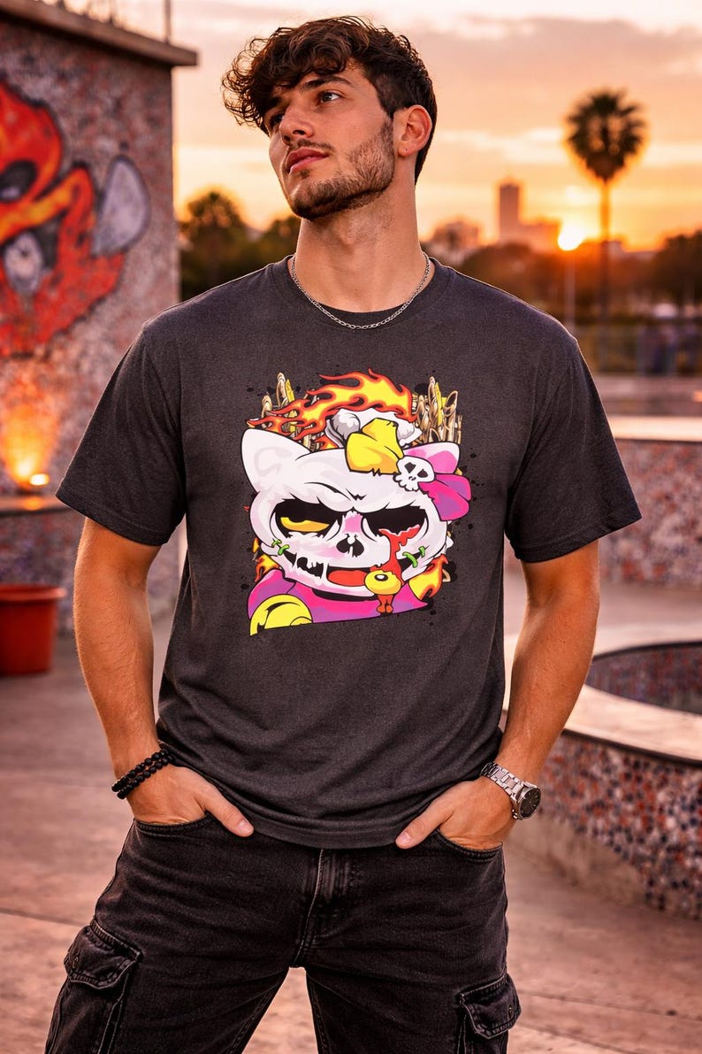 Skull Cat Shirt, Gothic Cat Graphic Tee, Punk Anime Streetwear Shirt, Alternative Cat Art Tee image 3