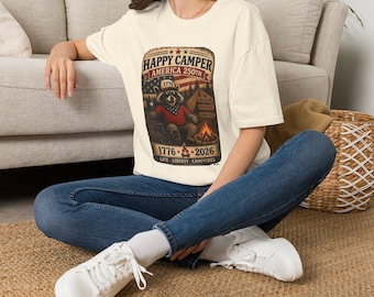Koszulka Happy Camper America 250, koszulka z motywem szopa pracza w stylu vintage, koszulka z motywem patriotycznym z lat 1776-2026, prezent na 250. rocznicę kempingu w Ameryce