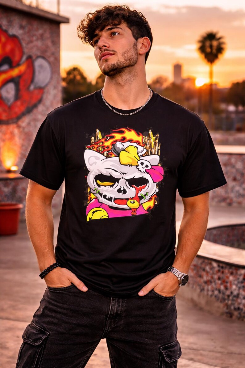 Skull Cat Shirt, Gothic Cat Graphic Tee, Punk Anime Streetwear Shirt, Alternative Cat Art Tee image 5