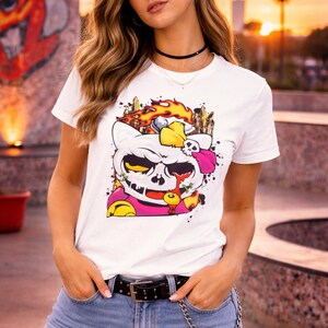 Skull Cat Shirt, Gothic Cat Graphic Tee, Punk Anime Streetwear Shirt, Alternative Cat Art Tee image 2