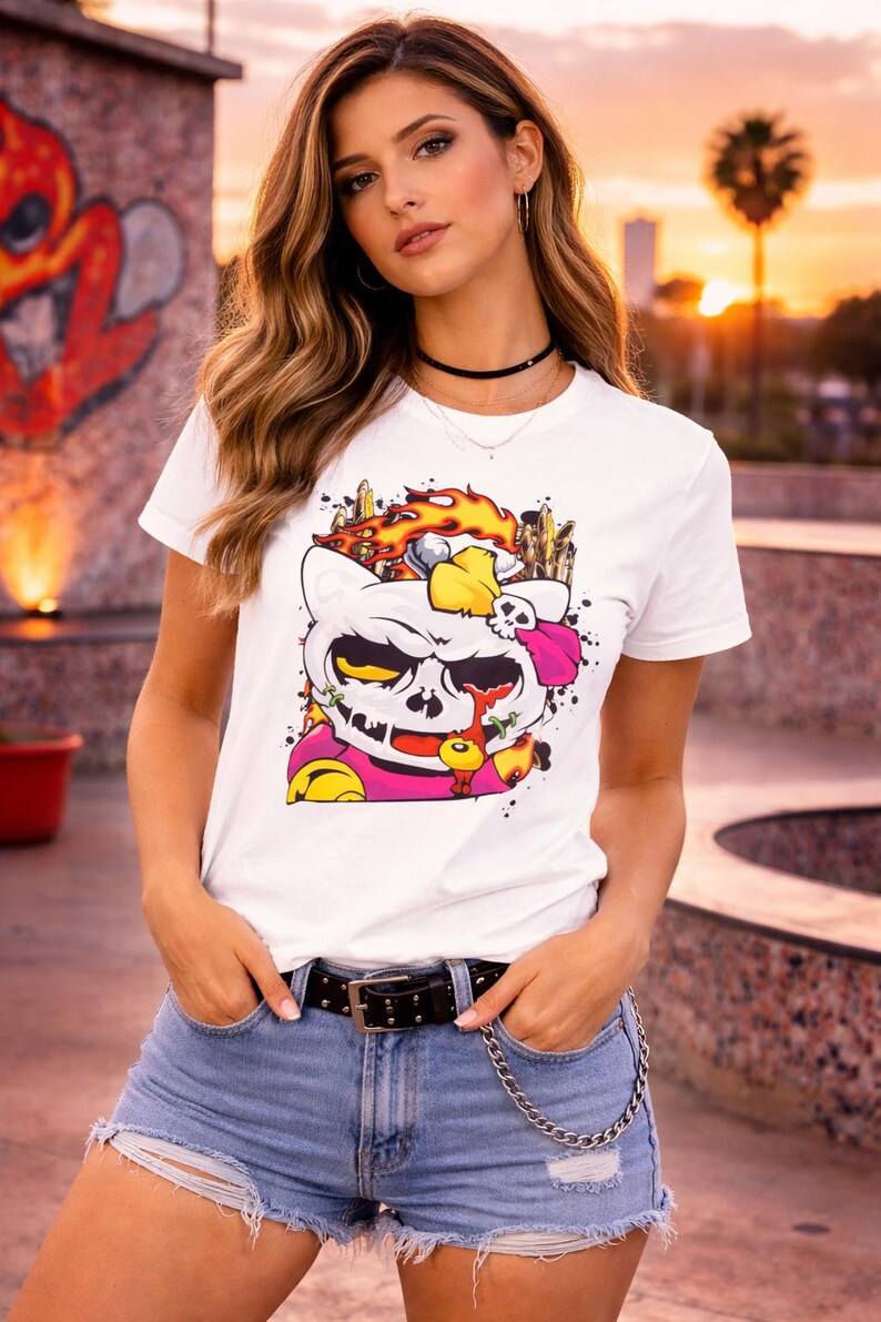 Skull Cat Shirt, Gothic Cat Graphic Tee, Punk Anime Streetwear Shirt, Alternative Cat Art Tee image 2