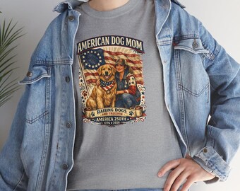 Koszulka American Dog Mom | Patriotyczna koszulka z motywem golden retrievera, koszulka z okazji 4 lipca dla mamy psa