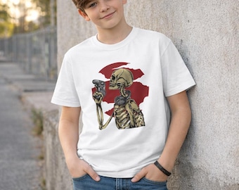 Skeleton Gamer Shirt, Gaming Controller Graphic Tee, Kids Streetwear Top