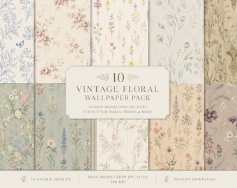 Vintage Floral Wallpaper Pack | 10 Printable Wallpaper Designs | Cottagecore Botanical Digital Paper | Soft Regency Aesthetic Backgrounds