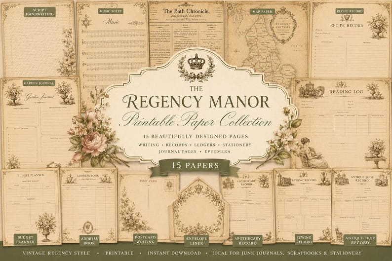 Regency Manor Printable Paper Collection | 15 Vintage Journal Pages ...