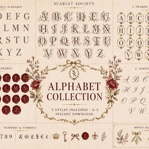 Puede incluir: Gráfico de una colección de alfabetos con cinco estilos distintos, incluyendo alfabetos clásicos, enmarcados y script, además de fuentes de sellos de cera y Scarlet Society. El diseño presenta acentos florales, números, símbolos y elementos extra.