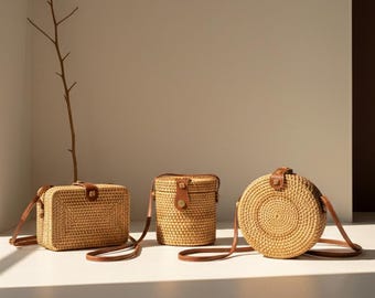 Handwoven Rattan Shoulder Bag, Crossbody Straw Purse, Boho Purse, Beach Bag, Raffia Tote Bag, Small Bohemian Bag, Gift for Her