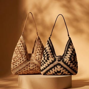 Handwoven Shoulder Bag, Beige Black Purse, Straw Tote Bag, Boho Crochet Beach Bag, Raffia Tote Bag, Large Bohemian Hobo Bag, Gift for Her image 1