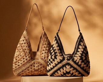 Handwoven Shoulder Bag, Beige Black Purse, Straw Tote Bag, Boho Crochet Beach Bag, Raffia Tote Bag, Large Bohemian Hobo Bag, Gift for Her