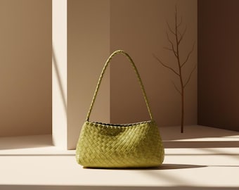 Handgeweven schoudertas, Frans geweven tas, boho-schoudertas, PU-leren tas, draagbare groentemand, okseltas, cadeau voor haar