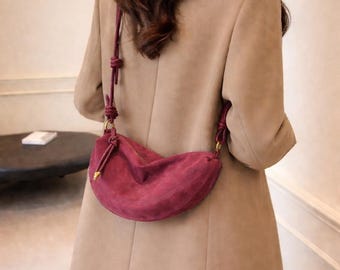 Suede Shoulder Bag, Crossbody Purse, Half Moon Shoulder Bag for Women, Vegan Leather Handbag in Black, Brown, Burgundy, Gift for Her