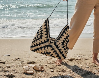 Black Handwoven Shoulder Bag, Straw Tote Bag, Boho Shoulder Purse, Crochet Beach Bag, Raffia Tote Bag, Large Bohemian Hobo Bag, Gift for Her