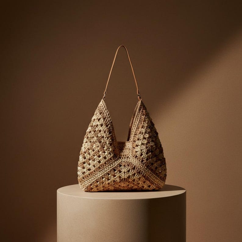 May include: A beige crochet tote bag with a light brown leather handle. The bag features a geometric pattern and is displayed on a cylindrical pedestal against a brown backdrop. The bag's open weave design is visible.