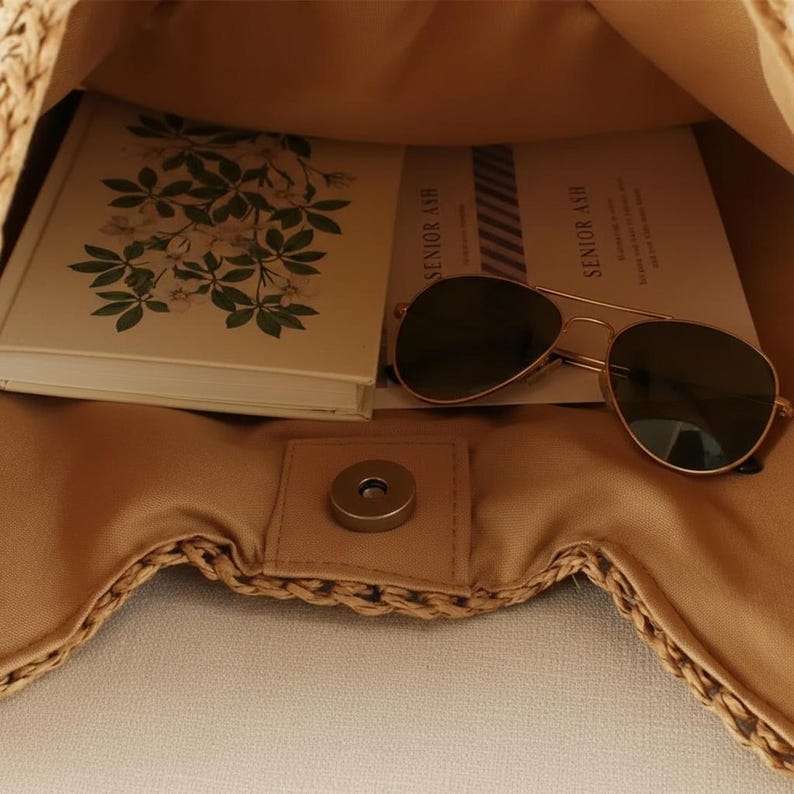 May include: A woven straw tote bag with a beige interior, containing a book with floral illustrations and gold-framed sunglasses. The bag is secured with a magnetic clasp. The book has the text "SENIOR ASH".