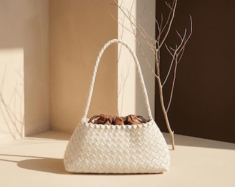 French Tote Bag, Handwoven, PU Leather Shoulder Bag, Vacation Vintage Summer Handbag, Underarm Hobo Bag, Boho Purse, Beach, Gift for Her