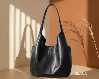 Soft Leather Hobo Shoulder Bag, Large Slouchy Cognac Brown Black Purse, Cowhide Crossbody Handbag, Fits 13" MacBook, School Working Shopping