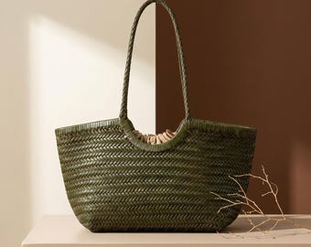 Leather Handwoven Bag, French Woven Tote, Boho Beach Shoulder Purse, Picnic Basket, Cowhide, Cotton Pouch, Vacation Vintage Summer Handbag
