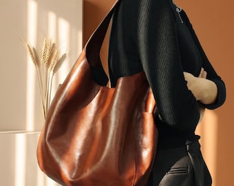 Genuine Leather Shoulder Bag, Large Hobo Cognac Brown Black Purse, Cowhide Crossbody, Fits 13" MacBook, Sling School Working Shopping