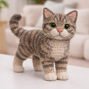 Pode incluir: Figura de gato de crochê, em pé. Apresenta um padrão listrado em tons de marrom e bege, com olhos verdes e nariz rosa. As patas e orelhas são de uma cor mais clara. Um item artesanal charmoso.