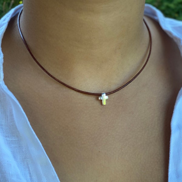 Tiny cross necklace, Dainty cross necklace, Dainty leather necklace, Tiny cross necklace with leather cordmother day gift