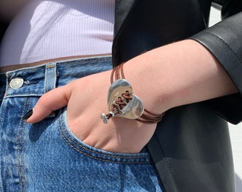 Zamak Heart leather bracelet, Bohemian bracelet, Women jewelry, Boho style leather cord bracelet, Heart bracelet, Women bracelet