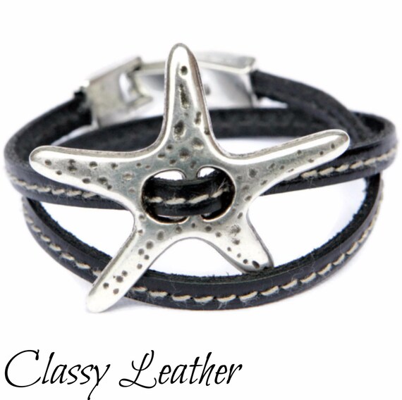 Women bracelet, leather bracelet, women wrap, leather wrap bracelet, zamak bracelet, star bracelet, leather wrap, uno de 50 style jewelry