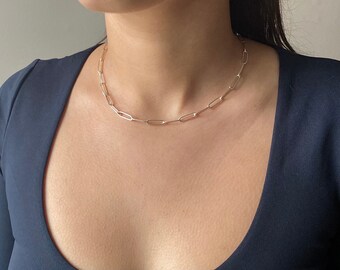 Silver paperclip chain necklace, Large link necklace, Layering choker necklace, Rectangle link choker, Paperclip choker
