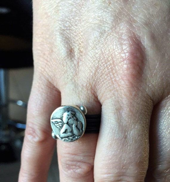 Leather Ring, silver Ring, Angel Ring, Angel Leather Ring, Womens Leather Ring, zamak Leather Ring, Hippie Ring, Boho Ring