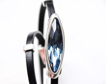 Leather bracelet, Crystal bracelet, Swarovski bracelet, Uno de 50,  Bohemian bracelet, Silver bracelet, Women jewelry, Blue crystal gem