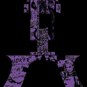 Peut inclure: Design graphique violet représentant le Joker et Harley Quinn. Le design comprend le mot "Joker" et la phrase "Why so serious ?" sur fond noir. L'image a un thème de bande dessinée.