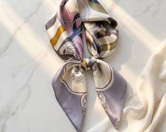 100% Natural Silk Scarf, Equestrian Pattern, Soft Pink Navy Blue Bandana, 65x65 cm