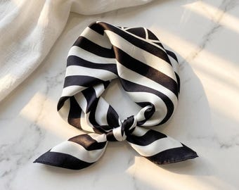 100% Silk Black and White Striped Scarf, Square Bandana, Hair Accessory