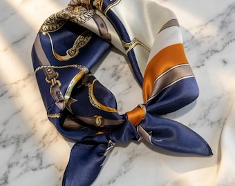 Blue 100% Silk Square Scarf, Equestrian Chain Print, Orange Gold Tones, Silk Bandana